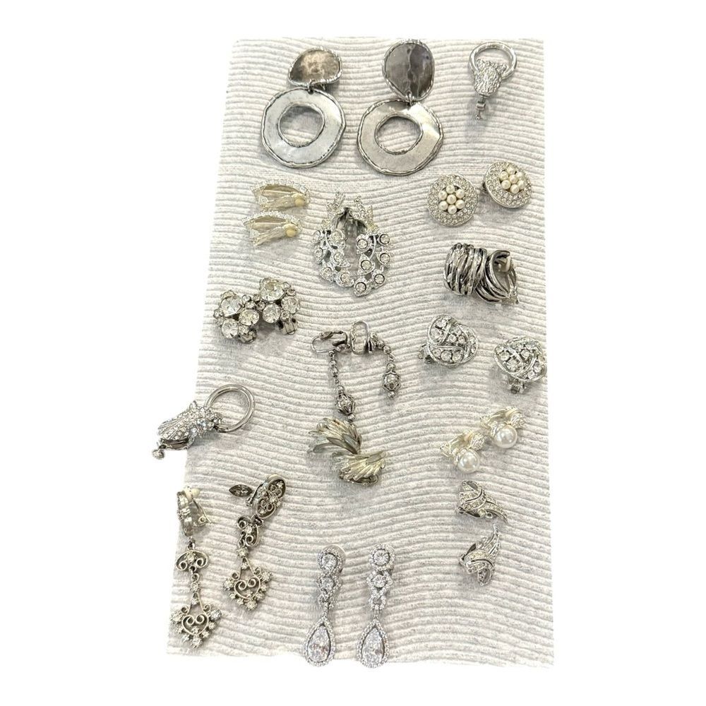 Vintage Retro Costume Jewelry Large Lot Silver-Tone Earrings. Clip-On.